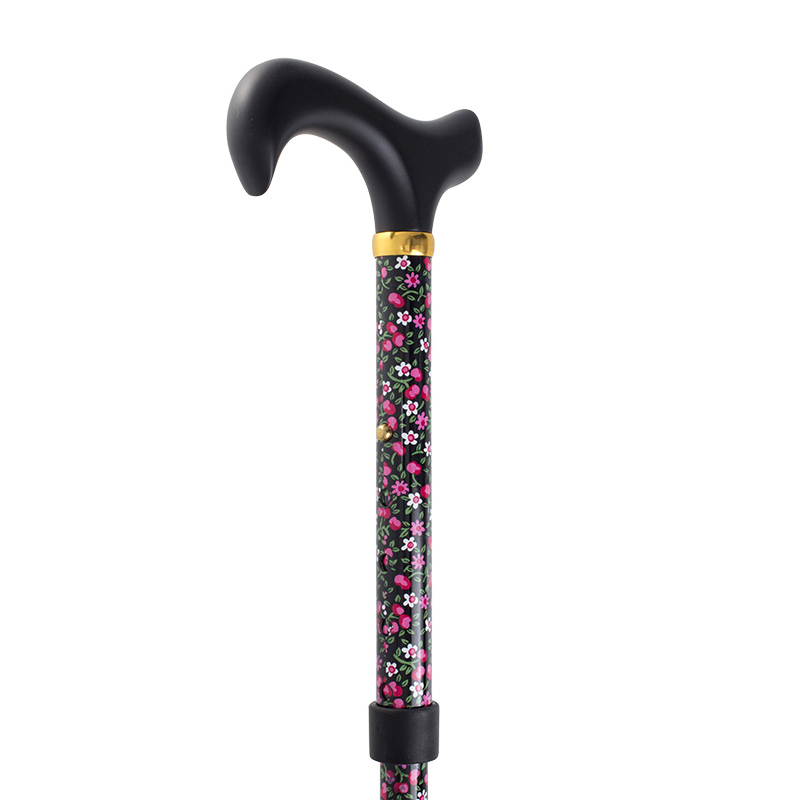 Adjustable Folding Fashion Value Derby Handle Black Floral Walking Cane