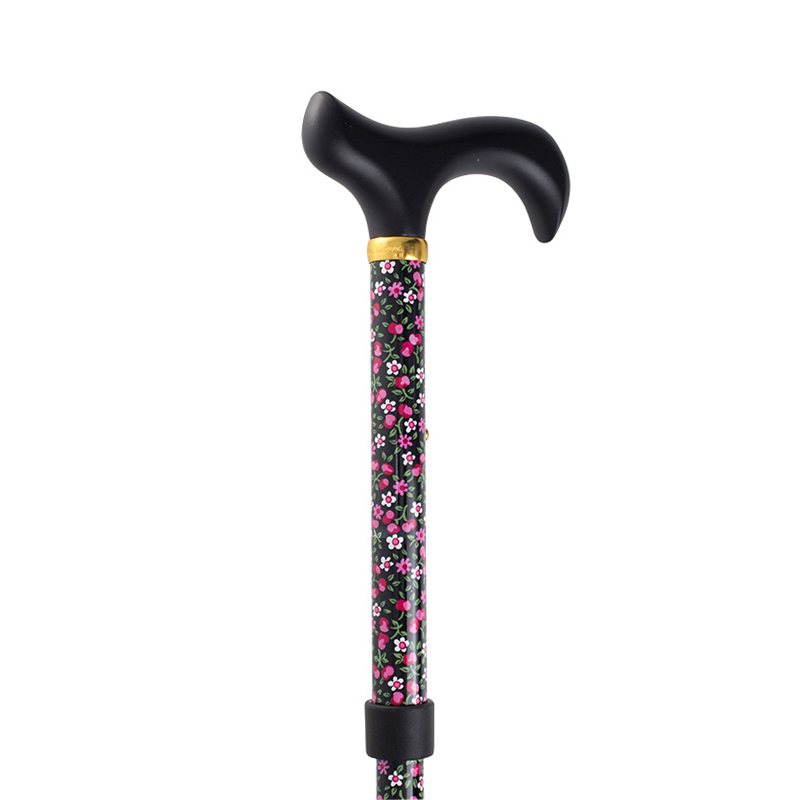 Adjustable Folding Fashion Value Derby Handle Black Floral Walking Cane