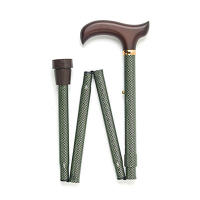 Adjustable Folding Green Check Derby Handle Walking Stick