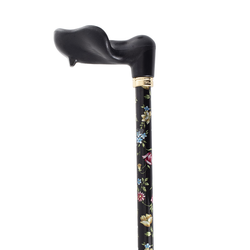 Adjustable Orthopaedic Black Floral Walking Cane