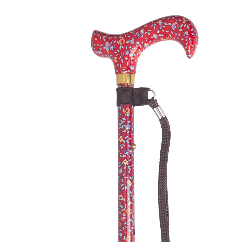 Adjustable Red Floral Patterned Derby Handle Walking Stick