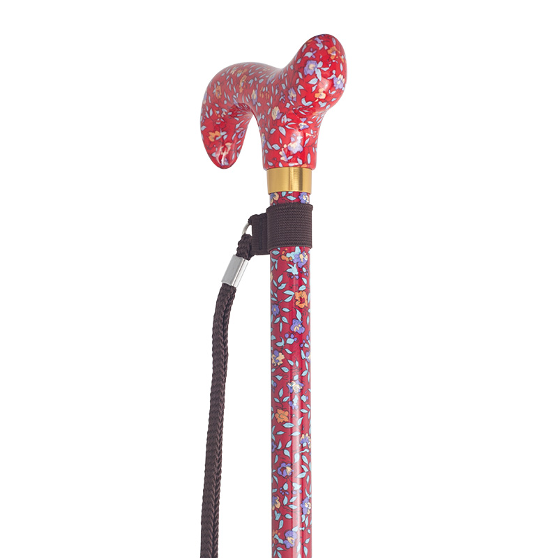 Adjustable Red Floral Patterned Derby Handle Walking Stick