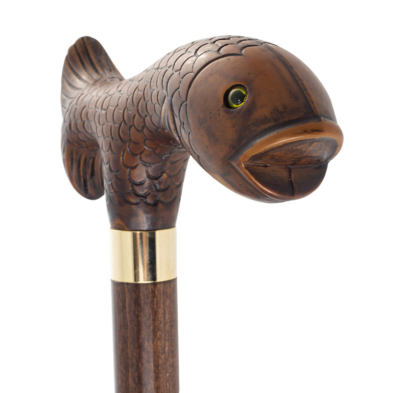 Collector's Brown Fish Hardwood Walking Cane with Metal Collar