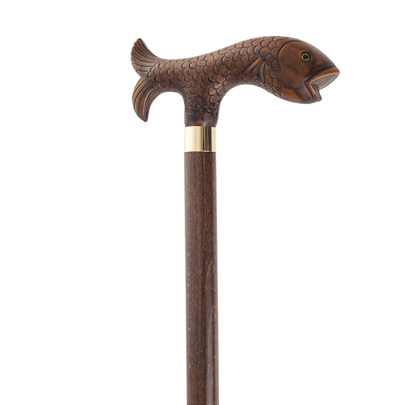 Collector's Brown Fish Hardwood Walking Cane with Metal Collar