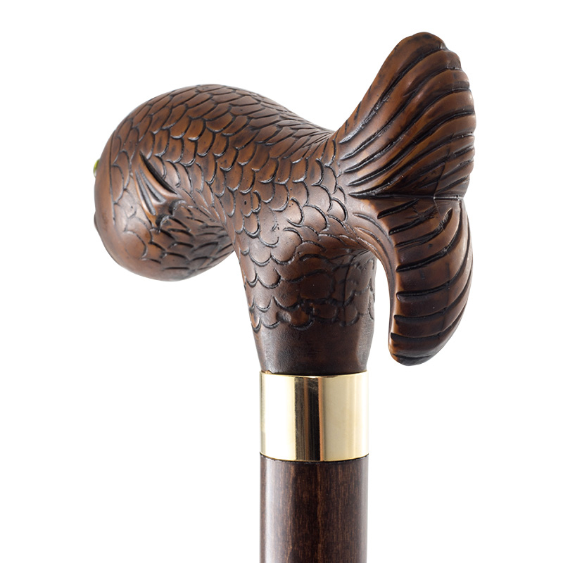 Collector's Brown Fish Hardwood Walking Cane with Metal Collar