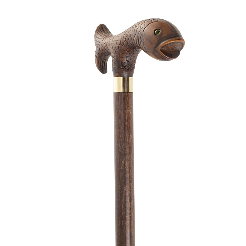 Collector's Brown Fish Hardwood Walking Cane with Metal Collar