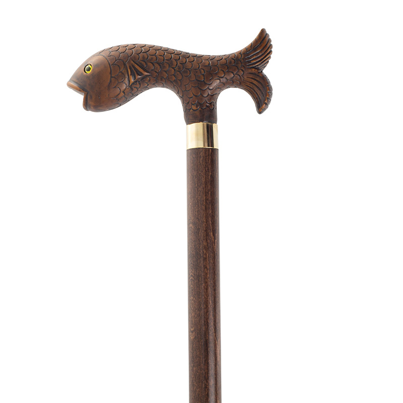 Collector's Brown Fish Hardwood Walking Cane with Metal Collar