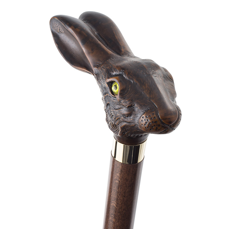 Collector's Brown Hare Head Hardwood Walking Cane with Metal Collar