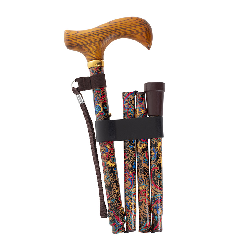 Height-Adjustable Folding Red Paisley Pattern Derby Walking Stick