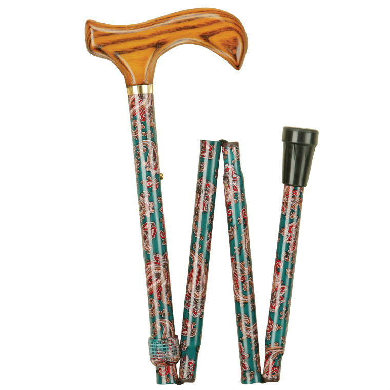 Height-Adjustable Folding Paisley Walking Stick with Derby Handle
