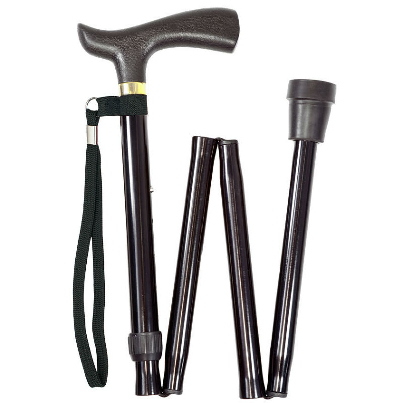 Height-Adjustable Folding Black Walking Stick with Crutch Handle