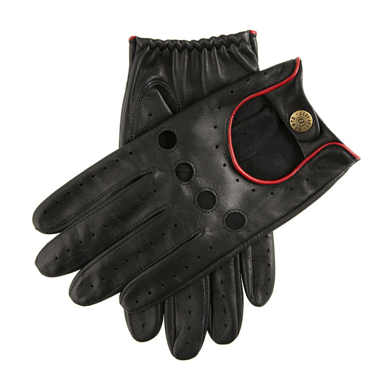 Dents Delta Men's Black with Berry Trim Classic Leather Driving Gloves