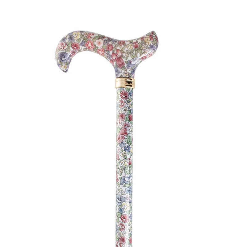 Aluminium Derby-Handle Height-Adjustable Lightweight Walking Stick (White/Pastel Floral)