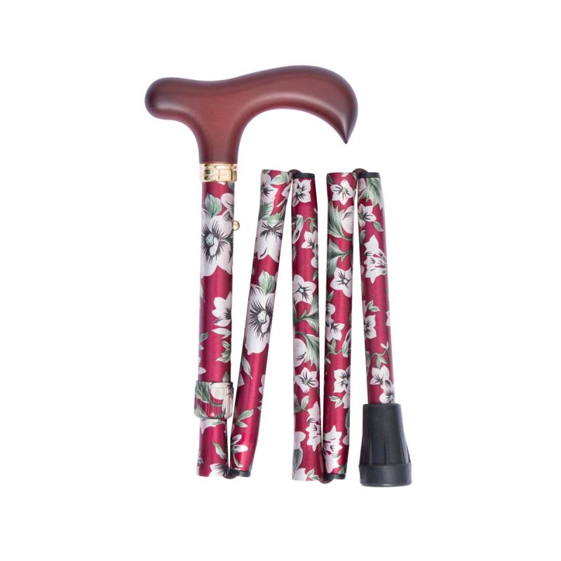 Folding Adjustable Burgundy Floral Derby Cane