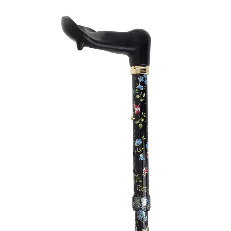 Folding Adjustable Orthopaedic Black Floral Walking Cane