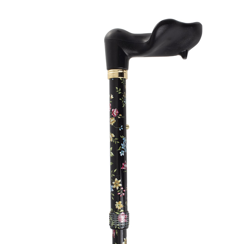 Orthopaedic Black Floral Walking Cane WalkingSticks.co.uk