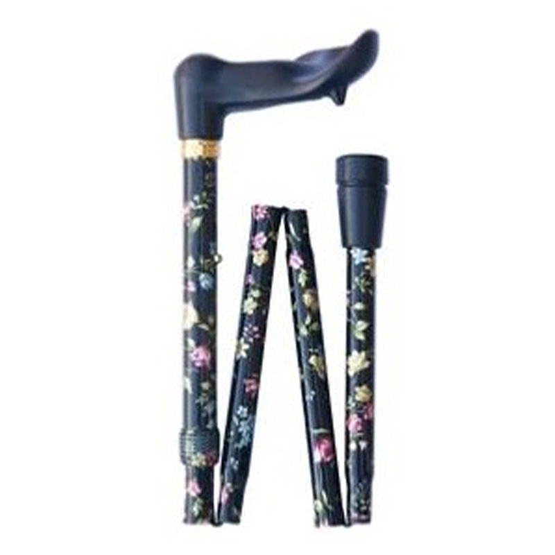 Folding Adjustable Orthopaedic Black Floral Walking Cane