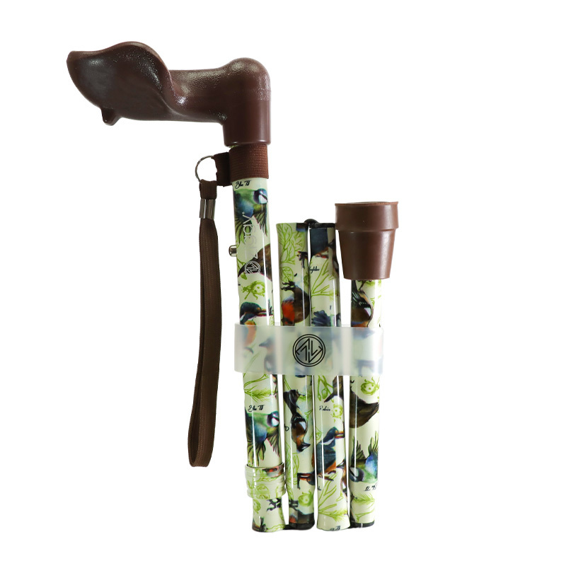 Ziggy Bird-Pattern Adjustable Folding Walking Stick with Anatomical Handle (Right Hand)