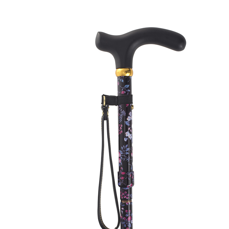 Handbag-Sized Adjustable Folding Black Floral Walking Cane