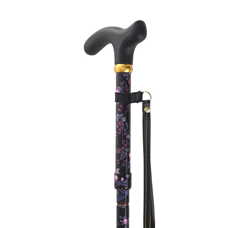 Handbag-Sized Adjustable Folding Black Floral Walking Cane