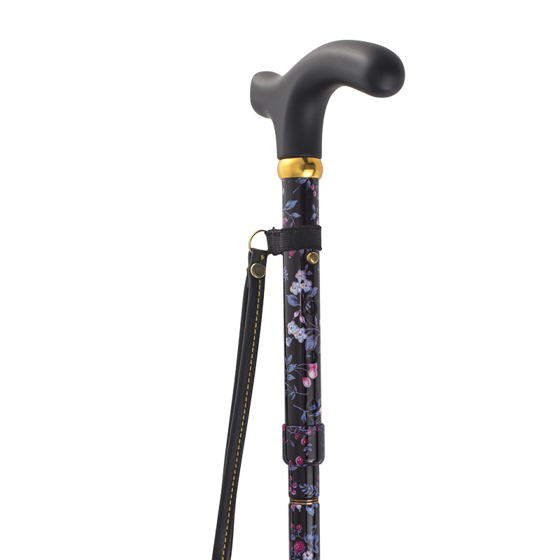 Handbag-Sized Adjustable Folding Black Floral Walking Cane