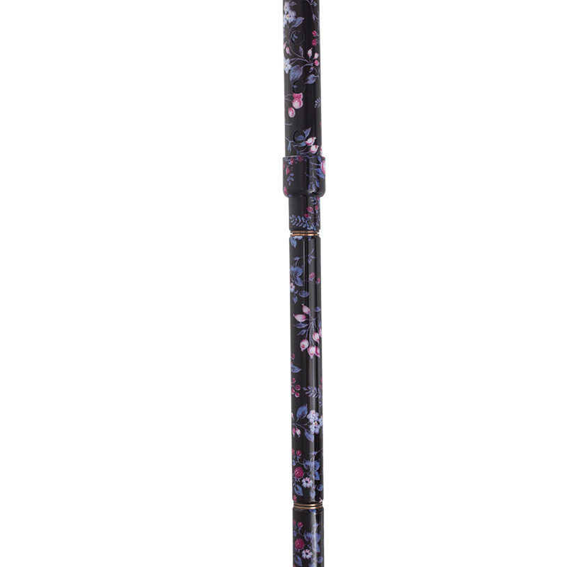 Handbag-Sized Adjustable Folding Black Floral Walking Cane