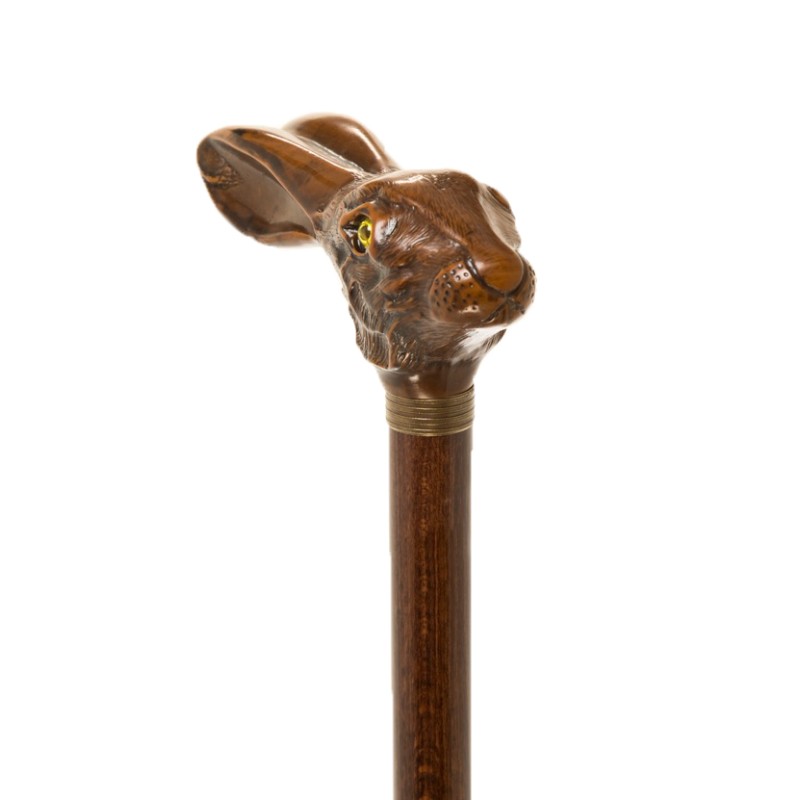 Collectors Hare's Head Beech Wood Walking Cane with Decorative Brass Collar