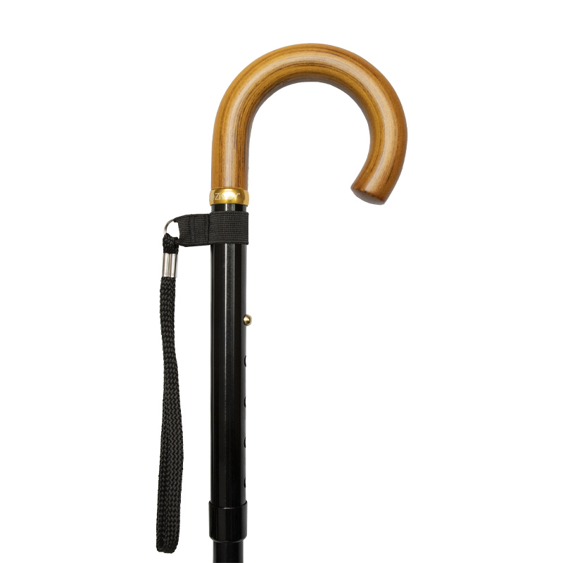 Height-Adjustable Folding Black Aluminium and Wooden Crook Handle Walking Stick