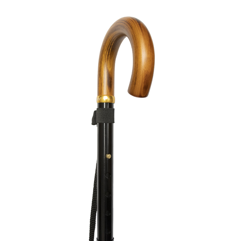 Height-Adjustable Folding Black Aluminium and Wooden Crook Handle Walking Stick