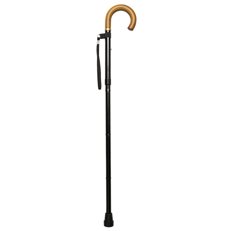 Height-Adjustable Folding Black Aluminium and Wooden Crook Handle Walking Stick