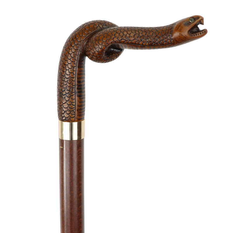 Brown Coiled-Snake Handle Hardwood Walking Cane with Brass Collar