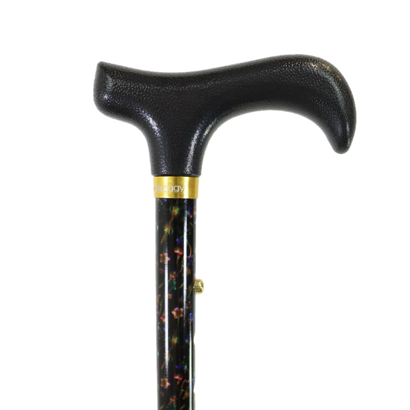 Ziggy Black Floral Short Height-Adjustable Folding Walking Stick