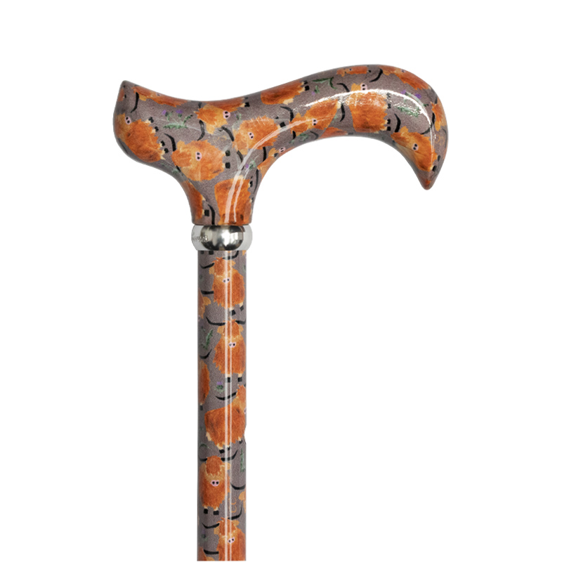 Adjustable Aluminium Derby Walking Stick with Highland Cows Design