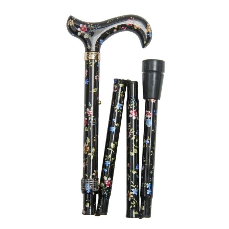 Adjustable Elite Derby Handle Black Floral Folding Walking Stick