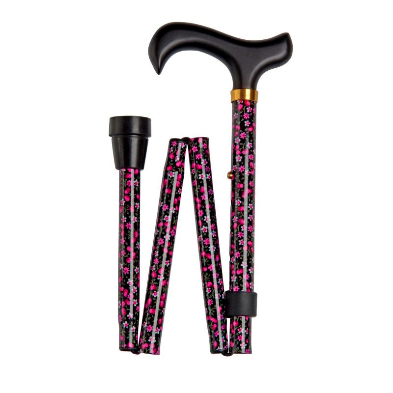 Adjustable Folding Fashion Value Derby Handle Black Floral Walking Cane