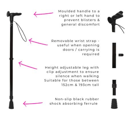 Cool Crutches Black Height Adjustable Walking Stick (Left-Handed)