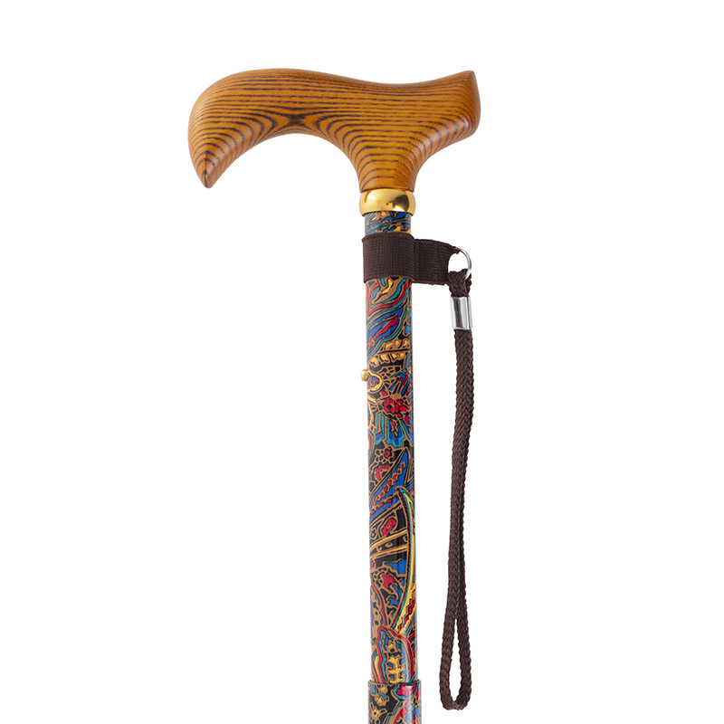 Height-Adjustable Folding Red Paisley Pattern Derby Walking Stick
