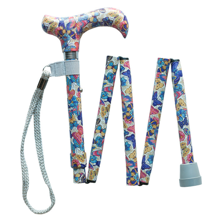 Height-Adjustable Butterfly-Patterned Mini Folding Derby Walking Stick