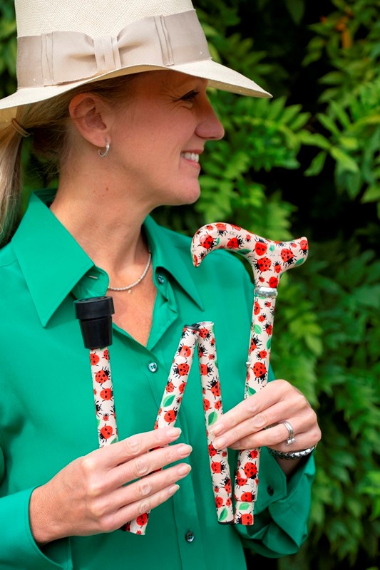 This walking stick features a sweet, brightly coloured ladybird pattern