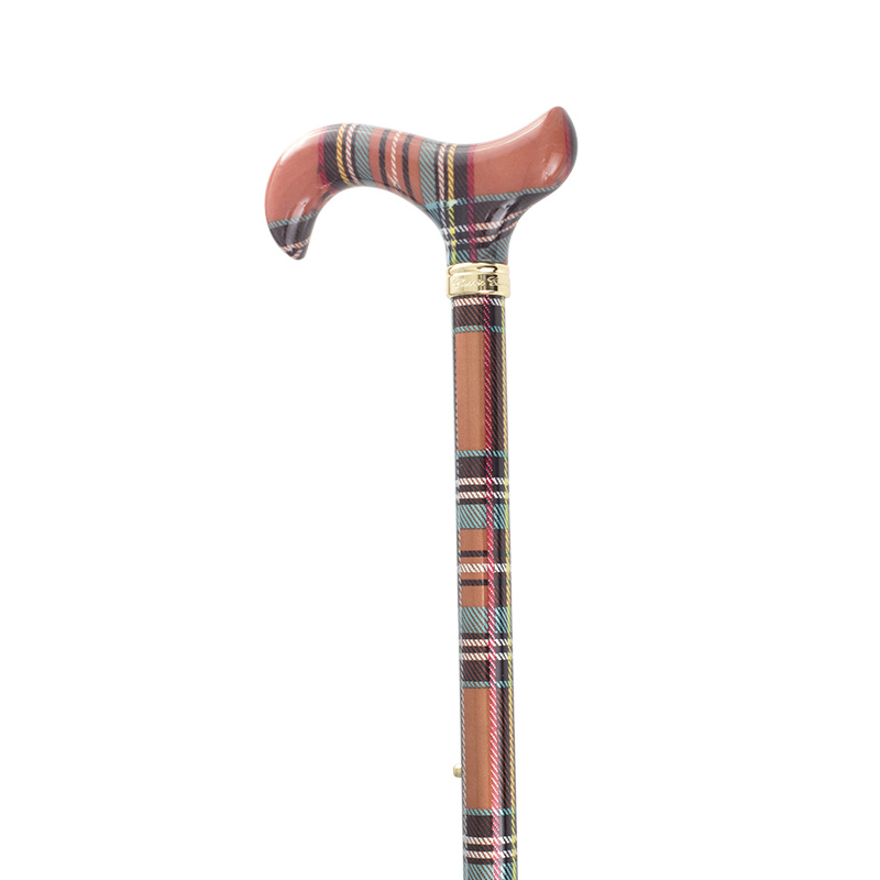 Orange Multi-Coloured Tartan Adjustable Walking Cane with Derby Handle