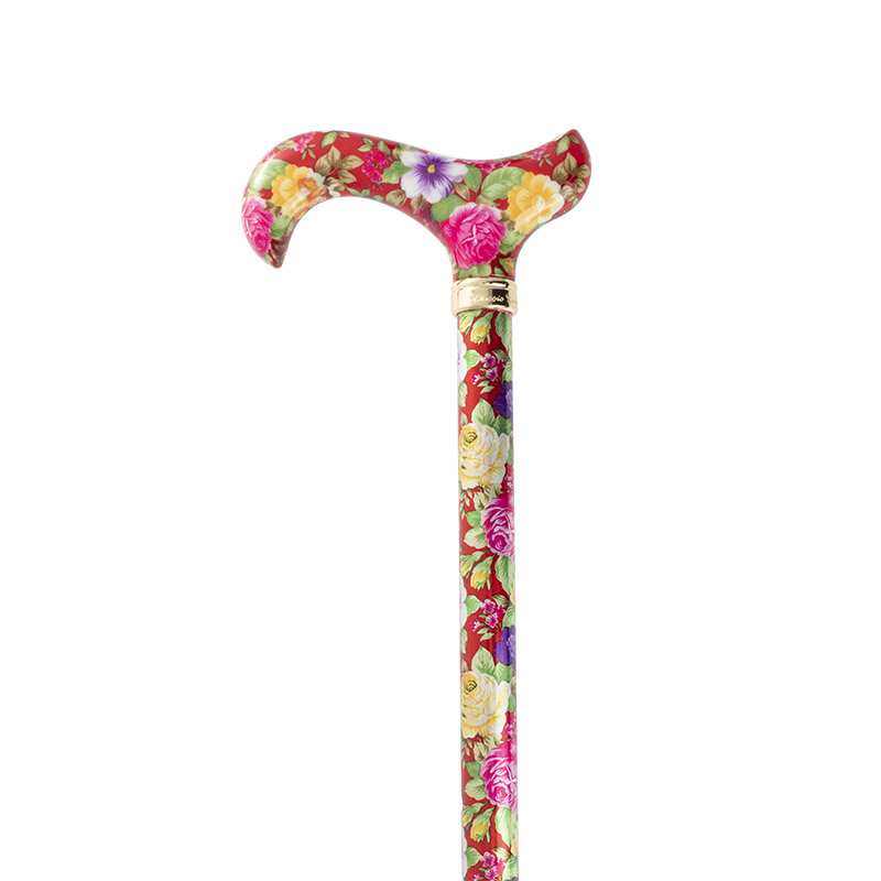 Aluminium Derby-Handle Height-Adjustable Lightweight Walking Stick (Red Floral)
