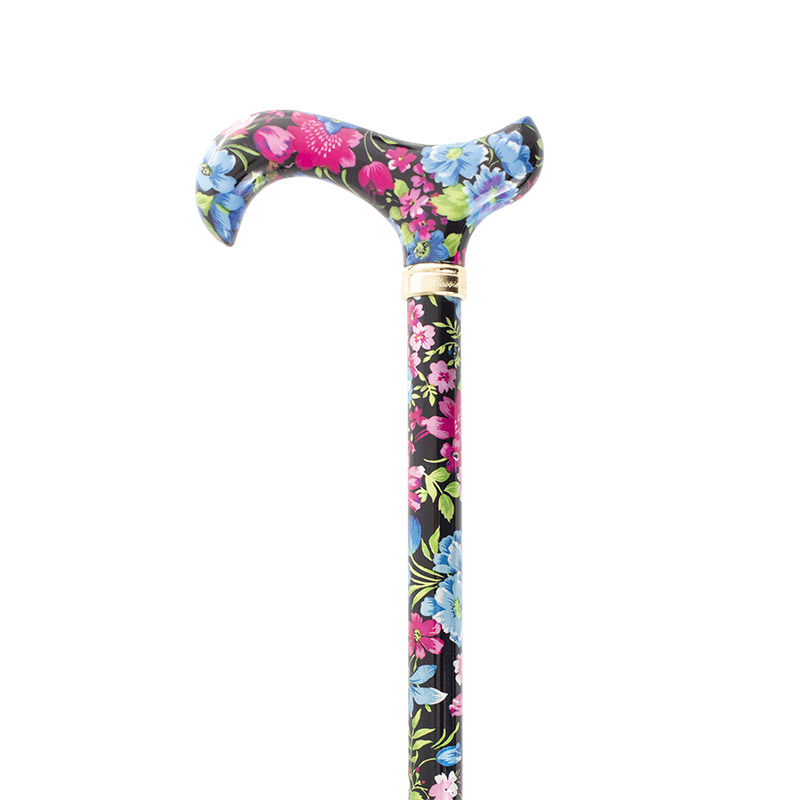 Aluminium Derby-Handle Height-Adjustable Lightweight Walking Stick (Black/Vivid Floral)