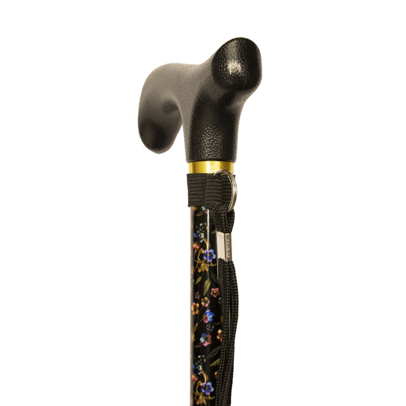 Black Floral Adjustable Walking Stick WalkingSticks.co.uk