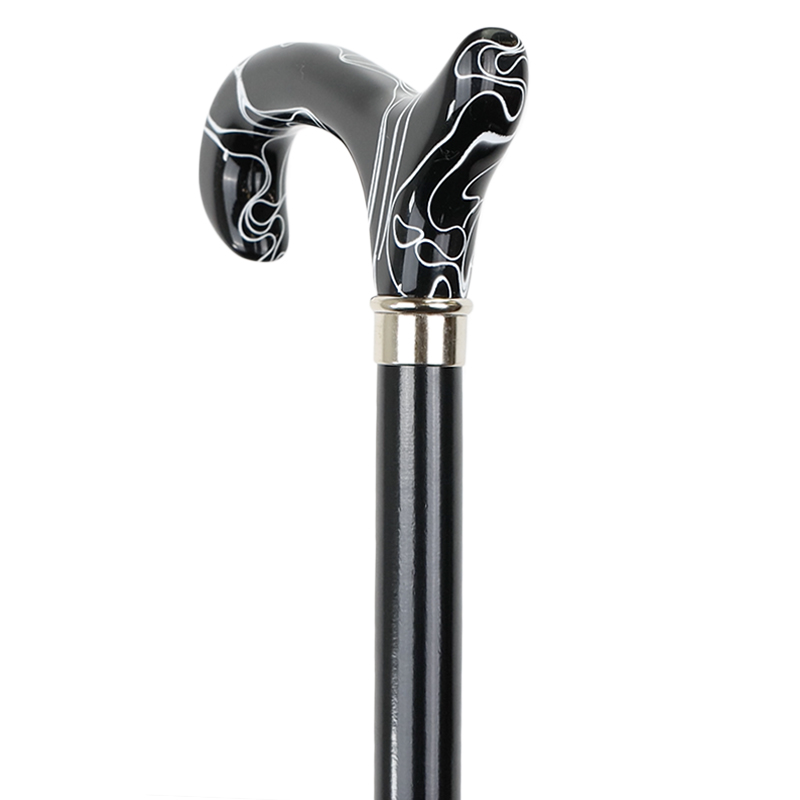 Marbled Black and White Derby Handle Moderne Walking Cane