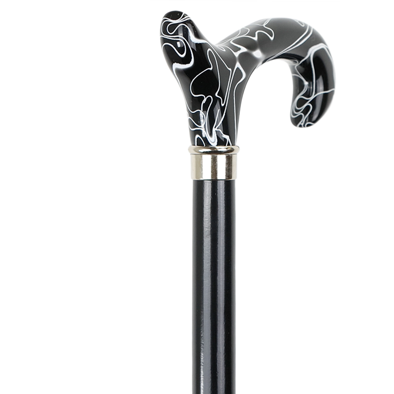 Marbled Black and White Derby Handle Moderne Walking Cane