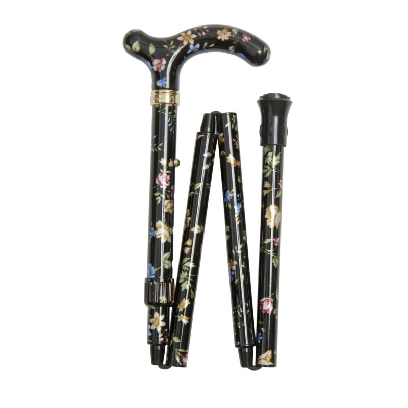 Petite Adjustable Folding Easy-Joint Black Floral Walking Cane