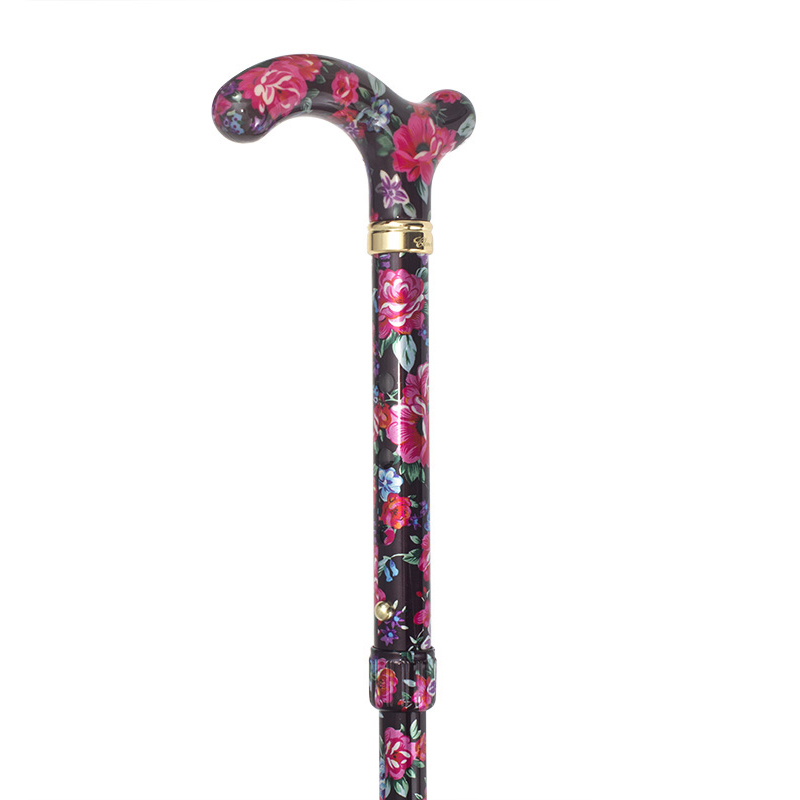 Petite Adjustable Folding Easy-Joint Pink and Black Floral Walking Cane