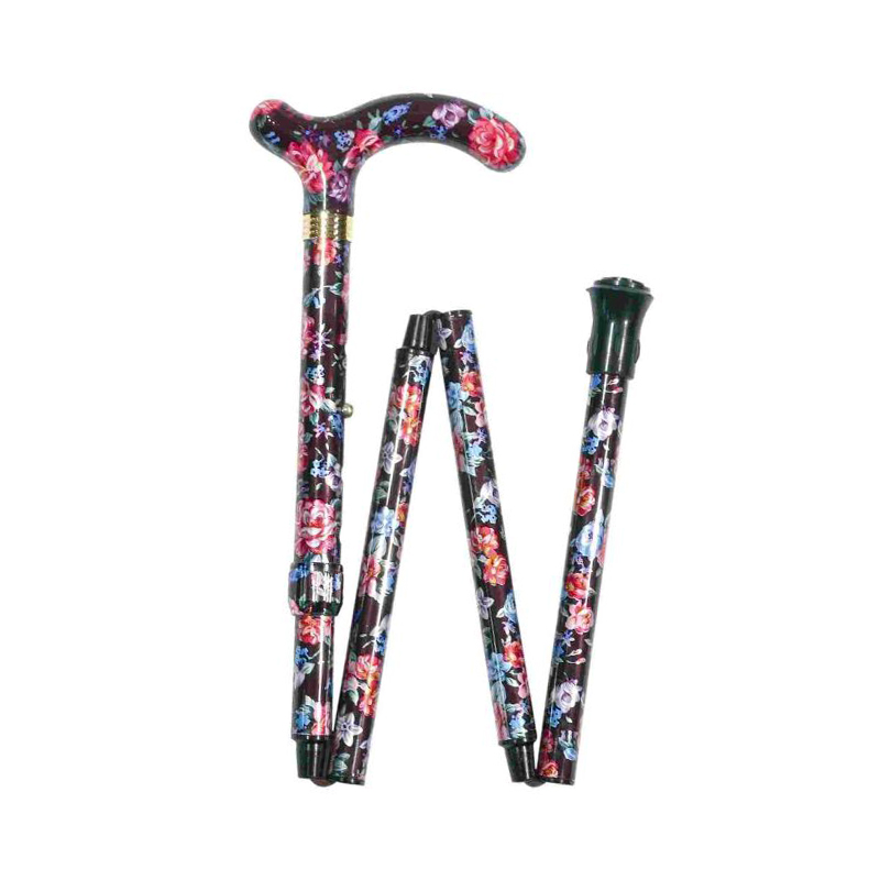 Petite Adjustable Folding Easy-Joint Pink and Black Floral Walking Cane