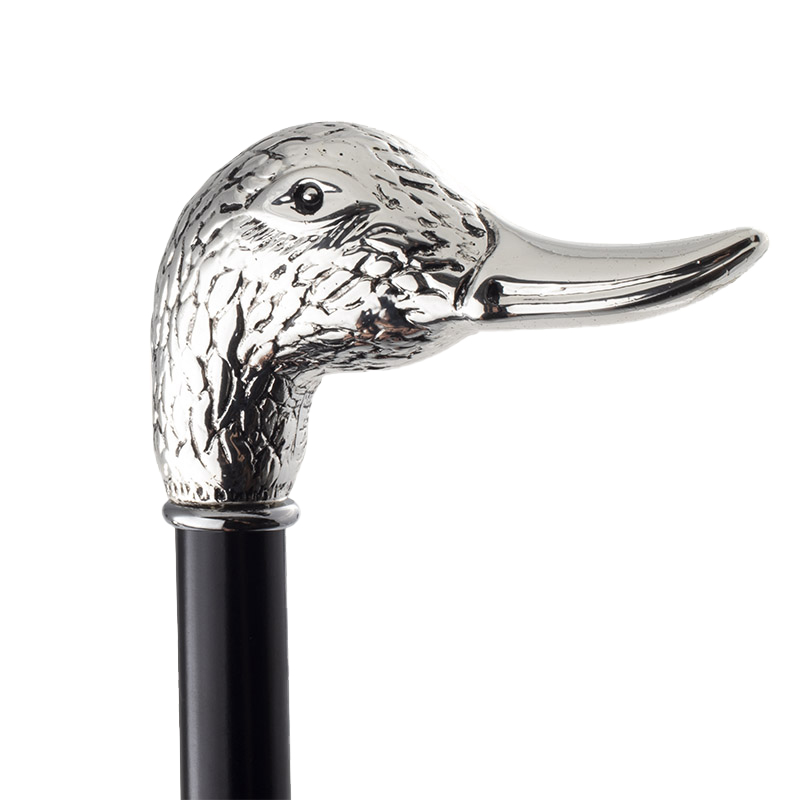 Formal and Elegant Black Hardwood Walking Cane with Silver-Plated Duck Head