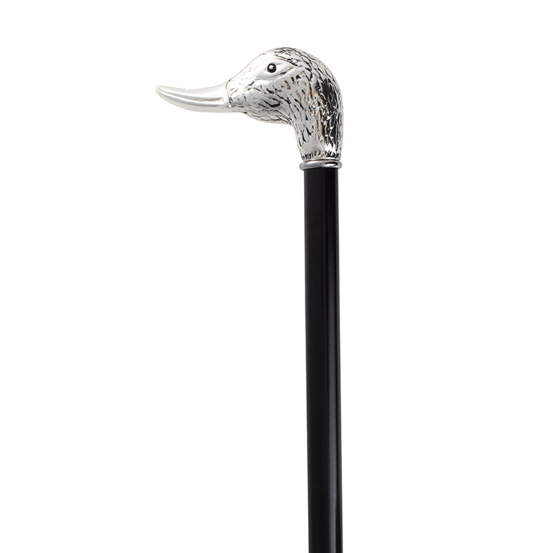 Formal and Elegant Black Hardwood Walking Cane with Silver-Plated Duck Head